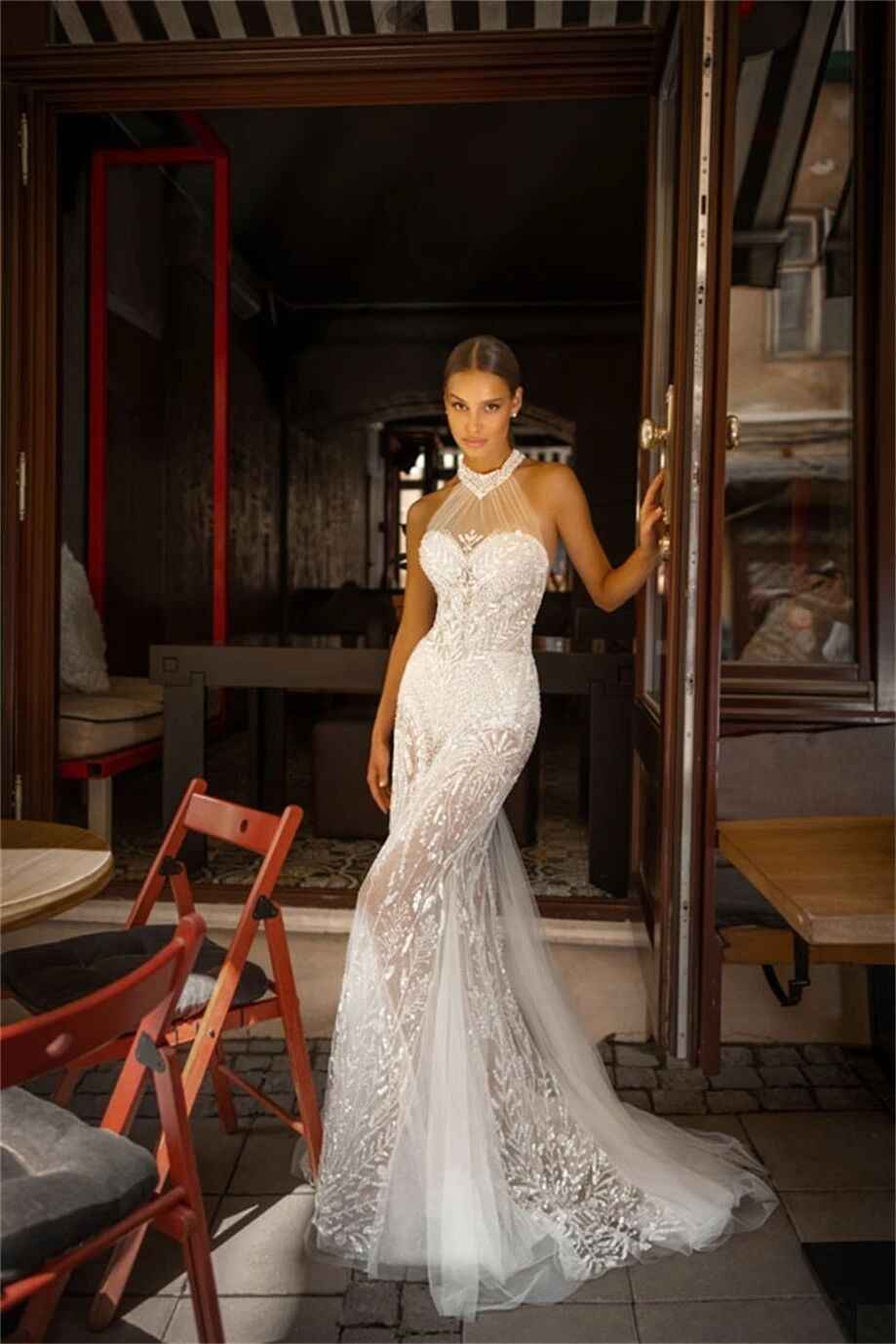 Classic Mermaid Wedding Dresses Illusion Lace Tulle Bridal Gowns Sequins Backless Custom Made Sleeveless Vestido de novia Plus Size