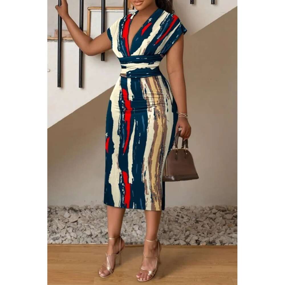 2024 Spring/Summer New minimalist V-neck wrap buttocks printed dress for women F52033