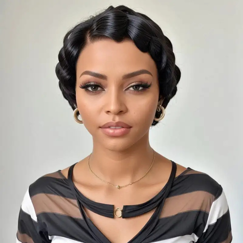 Finger Wave 13x4 Lace Human Hair Wig Short Headband With Lace Front Wig Laceshort Pixie Wig 6inch Diagonal Bangs and Qi Bangs