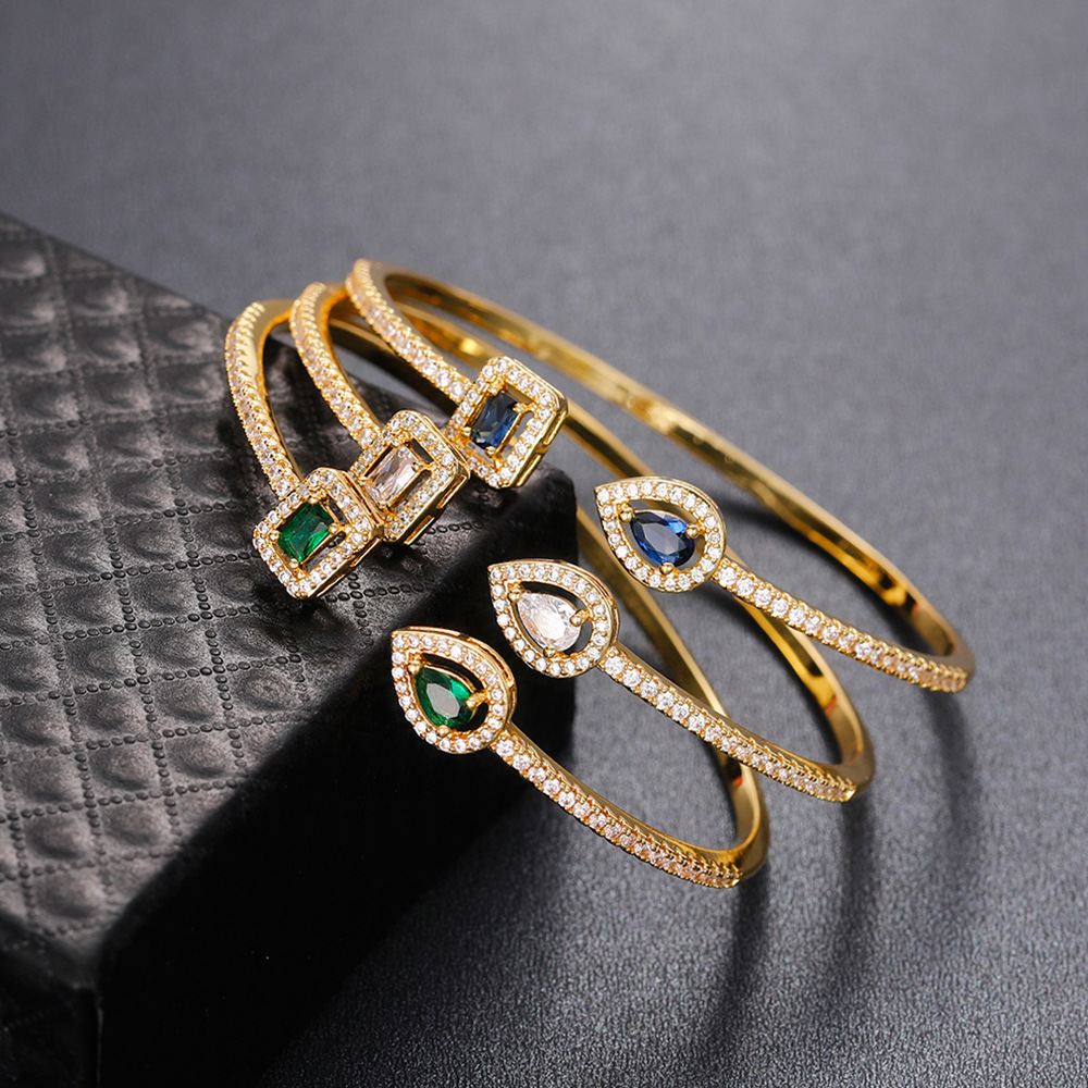 Cubic Zirconia Square Leaf Water Drop Bracelet Bangle Charm Designer Jewelry Sterling Silver Gold Filled Iced Out Crystal Diamond Adjustable Wristband for Women