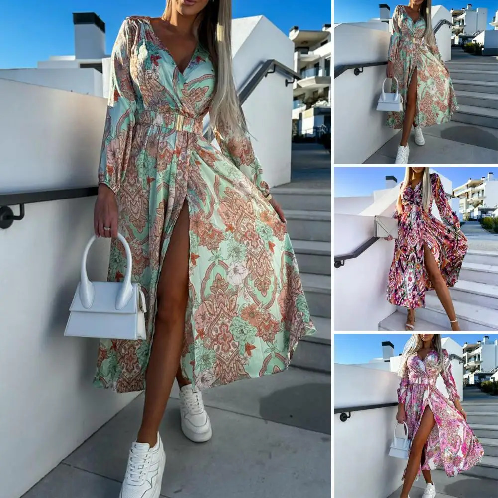 Sexy V Neck Slit Midi Dress Woman Spring Summer Fashion Elegant Long Sleeve Lace Up Flower Floral Print Dresses For Women 240514