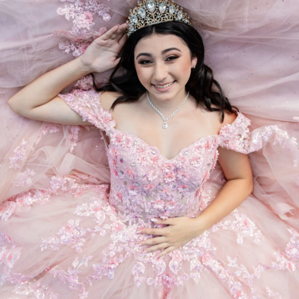Beautiful Blush Pink 3D Floral Appliques Long Quinceanera Dresses Cape Sleeves Off The Shoulder Tulle Ball Gown Sheer Corset Flowers Sweet 16 Dress Ve