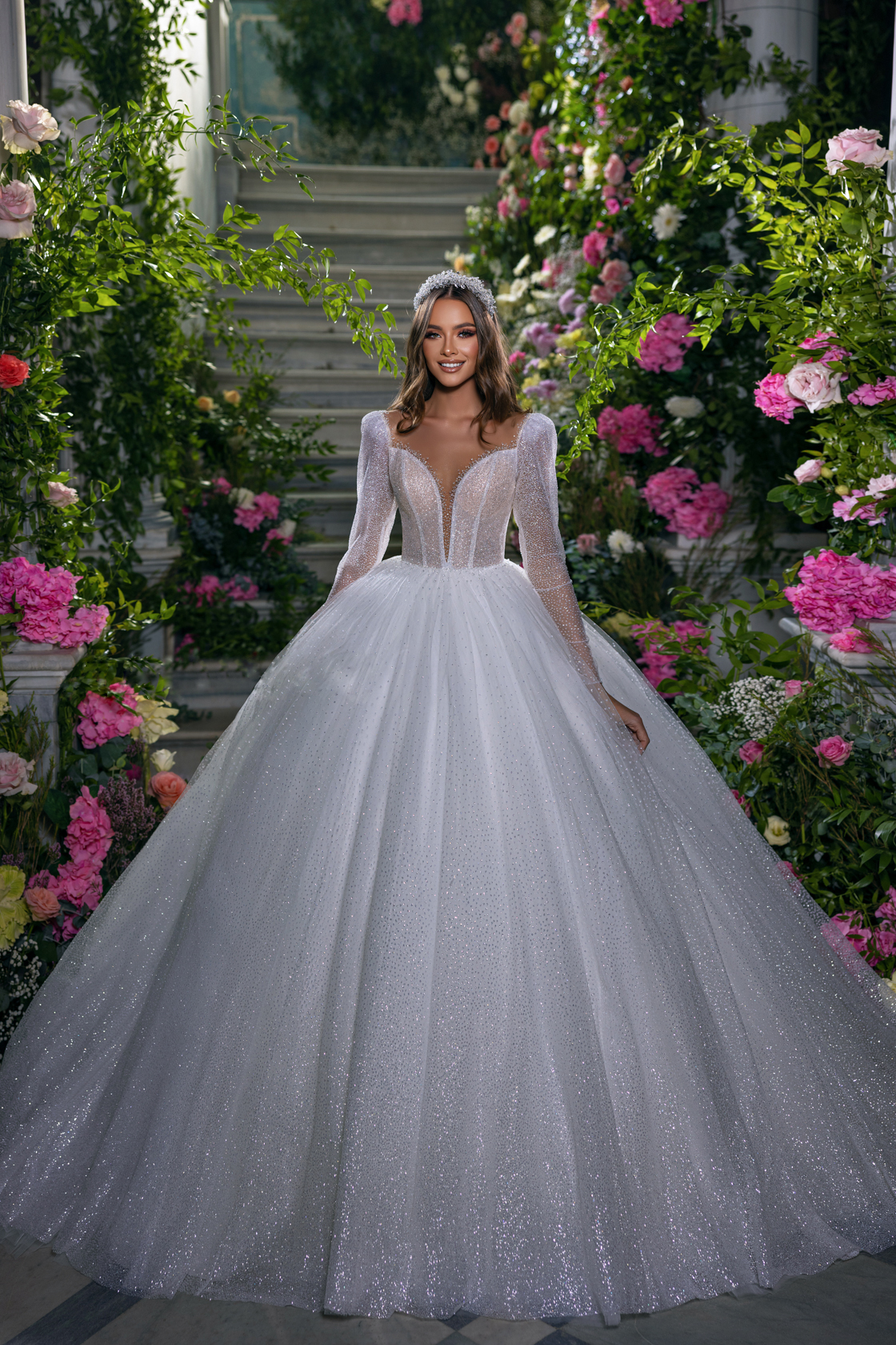 Sparkly Lace Deep V-Neck A-Line Wedding Dress Beading Pearls Full Sleeves princess Bridal Gowns Embroidered With Delicate Bling Tulle