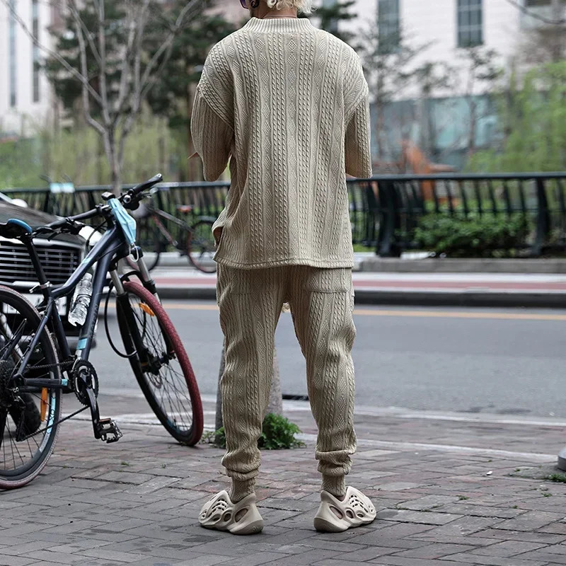 Summer Casual Sweater Set Mens Loose Short Sleeve Knit Tshirt Long Pants Two Piece Male Woolen Suits Ropa Para Hombre 240518