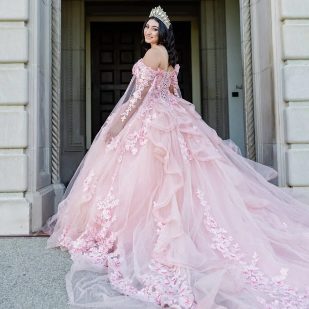 Beautiful Blush Pink 3D Floral Appliques Long Quinceanera Dresses Cape Sleeves Off The Shoulder Tulle Ball Gown Sheer Corset Flowers Sweet 16 Dress Ve