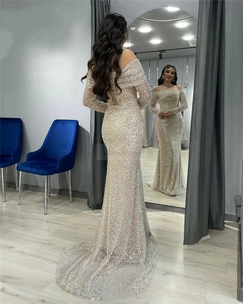 Sparkly Champagne Mermaid Prom Dress 2025 Off Shoulder Beading Sequined Pearls Women Evening Formal Party Gowns Robe De Soiree Custom Made