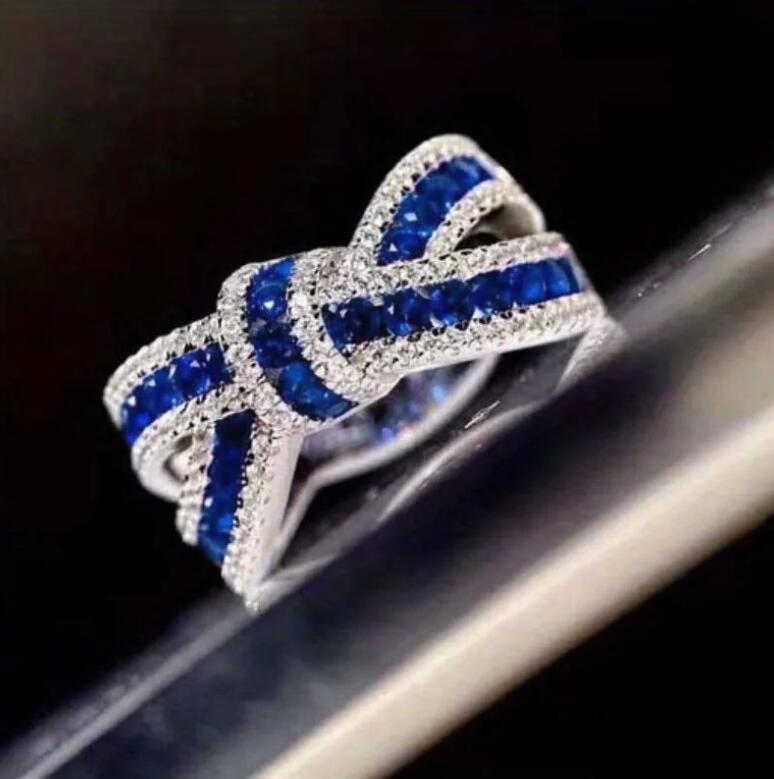 2024 Choucong Brand Wedding Rings Classical Jewelry 925 Sterling Silver Blue Sapphire Round Cut Zircon CZ Diamond Elegant Bow Women Cross Band Ring Gi