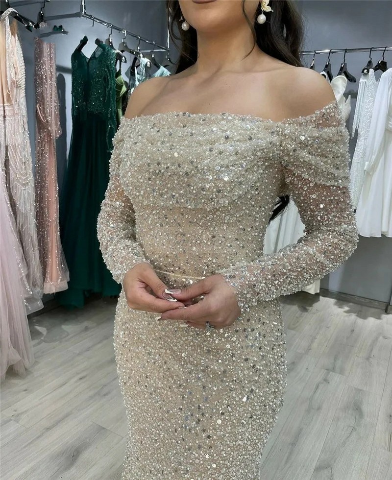 Sparkly Champagne Mermaid Prom Dress 2025 Off Shoulder Beading Sequined Pearls Women Evening Formal Party Gowns Robe De Soiree Custom Made
