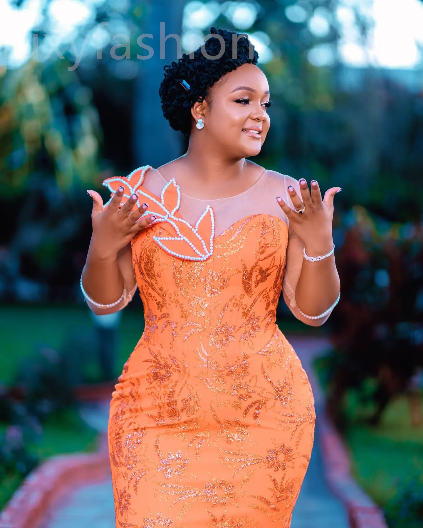 Aso Ebi 2024 Orange Florals Mermaid Prom Dresses Sheer Neck Sequined Evening Party Formal Second Reception Birthday Enagement Thanksgiving Dress Gowns
