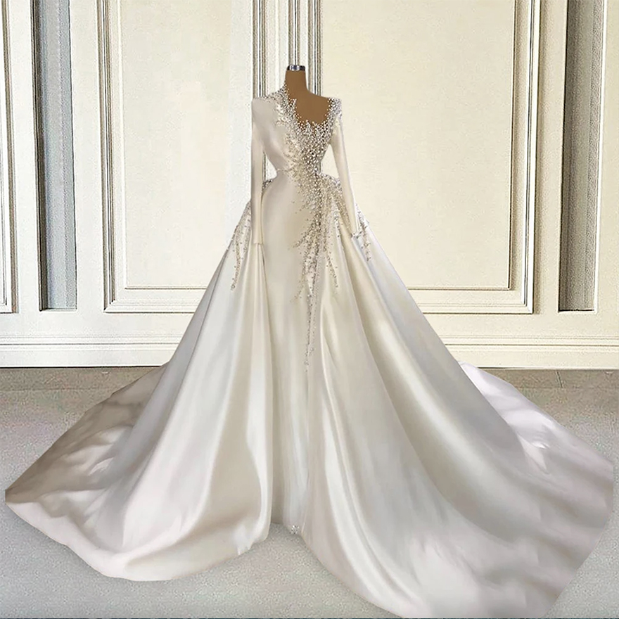 High Quliaty Satin Wedding Dresses Dubai Pearls Beads with Sleeves Long Train African Bride Bridal Gowns Plus Size