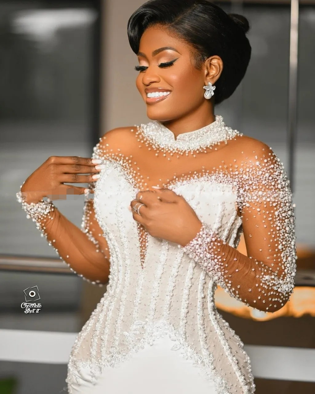 Mermaid Women Wedding Dresses 2025 High Neck Long Sleeve Pearls Beading African Bridal Bride Gowns New Arrival Vestidos De Novia Customed