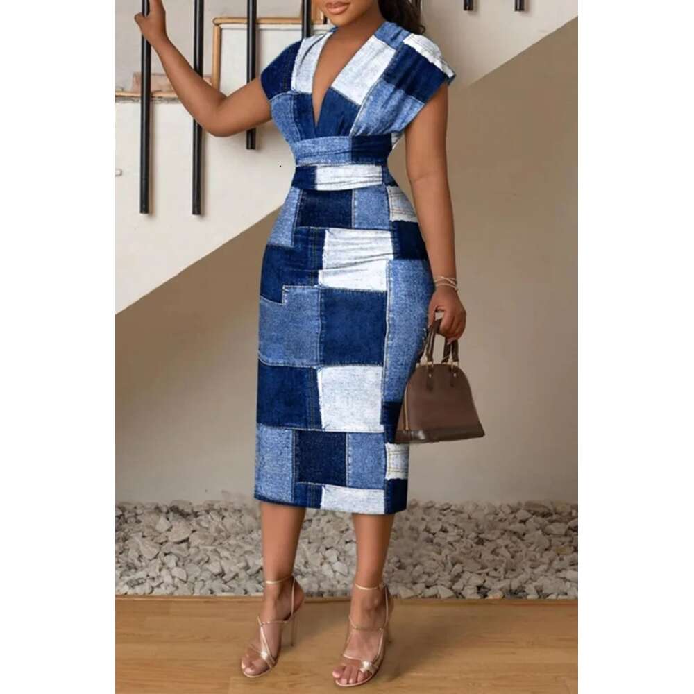 2024 Spring/Summer New minimalist V-neck wrap buttocks printed dress for women F52033