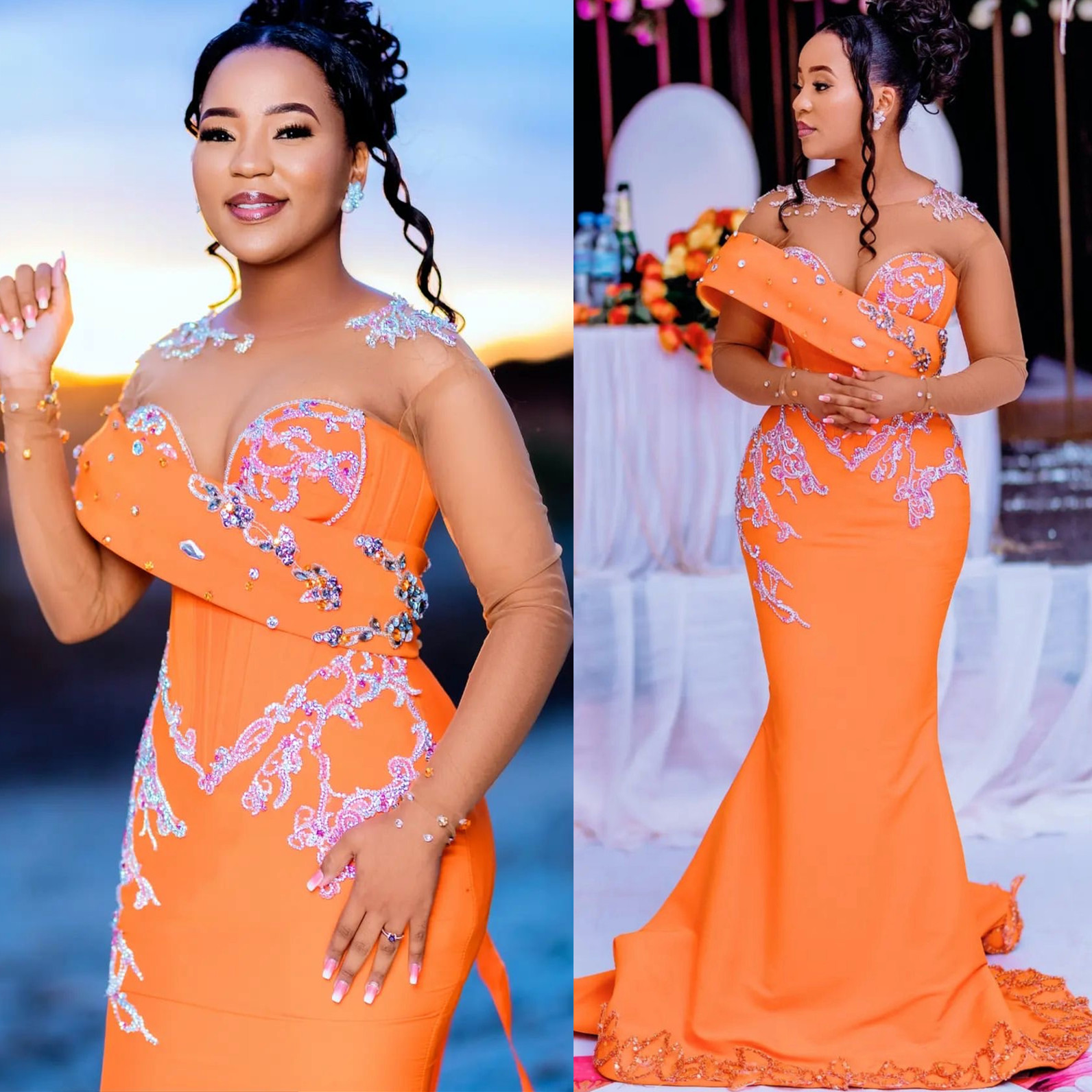 2024 Aso Ebi Orange Mermaid Prom Dresses Lace Beaded Crystals Evening Formal Party Second Reception Birthday Engagement Thanksgiving Dress Gowns ZJW05