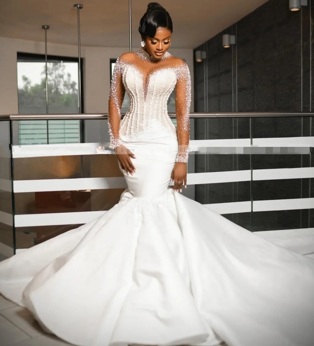 Mermaid Women Wedding Dresses 2025 High Neck Long Sleeve Pearls Beading African Bridal Bride Gowns New Arrival Vestidos De Novia Customed