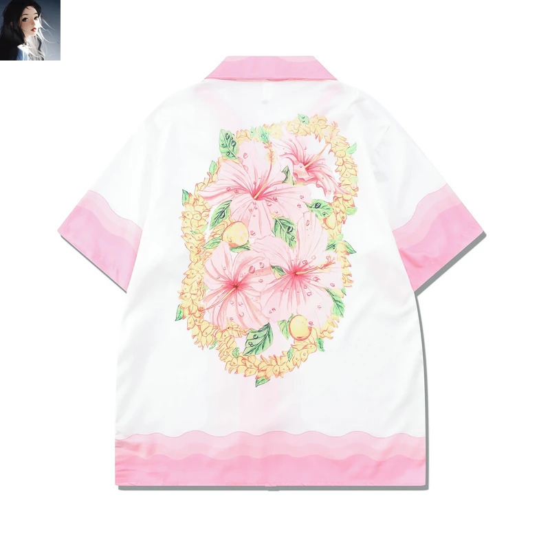 Pink White Color Match Flower Print Shorts Shirts Set High Quality Men Women Thin Fabric Hawaii Beach Holiday Surf Suit Summer 240518