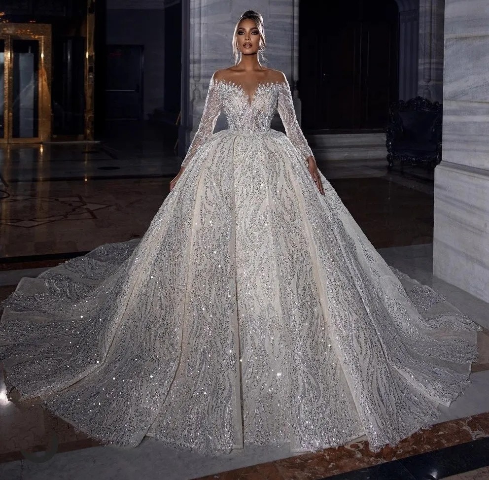 Glitter Sparkle Wedding Dresses Bridal Gowns Long Sleeves Lace Sequin Beads Robe Mariage Handmade Sheer Neck Vestido De Novia