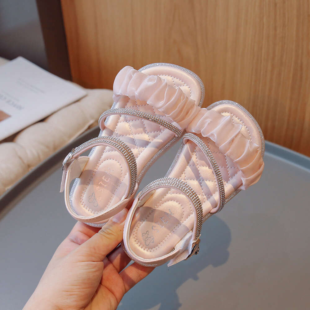 Children Sandals Rhinestones Pleated Chic Princess 2023 New Soft Breatheable Simple Kids Shoes Flat Non-slip Cute Casual R240813