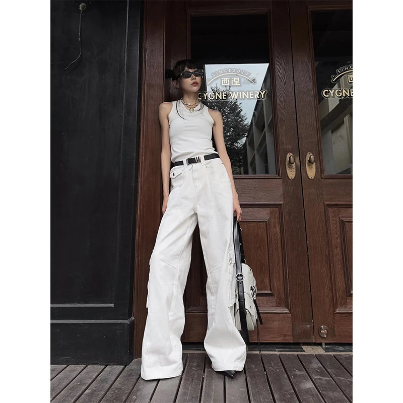 White Cargo Pants High Waisted Women Pants Vintage Straight Oversized Y2K Style Fashion Winter Streetwear Wide Leg Trouser 240517
