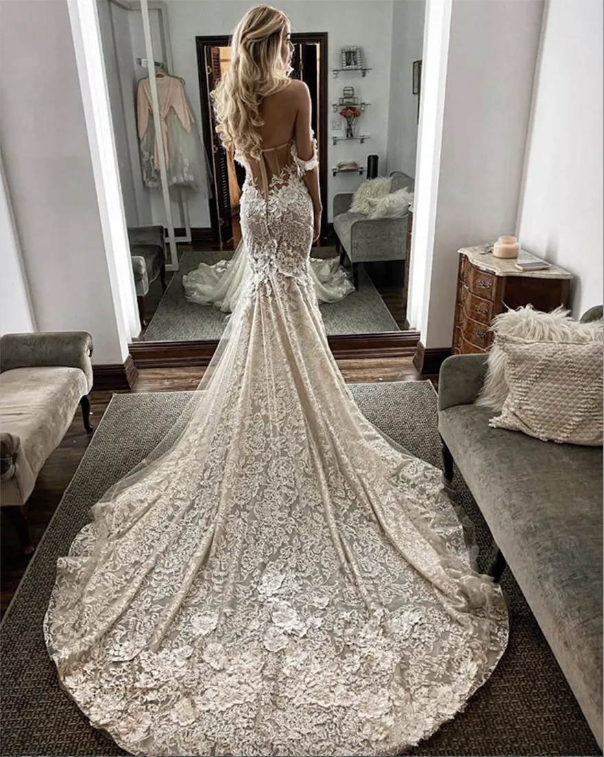 Sexy Berta Off Shoulder Mermaid Wedding Dresses Lace 3D Applique Sweep Train Backless Custom Made Bridal Gowns