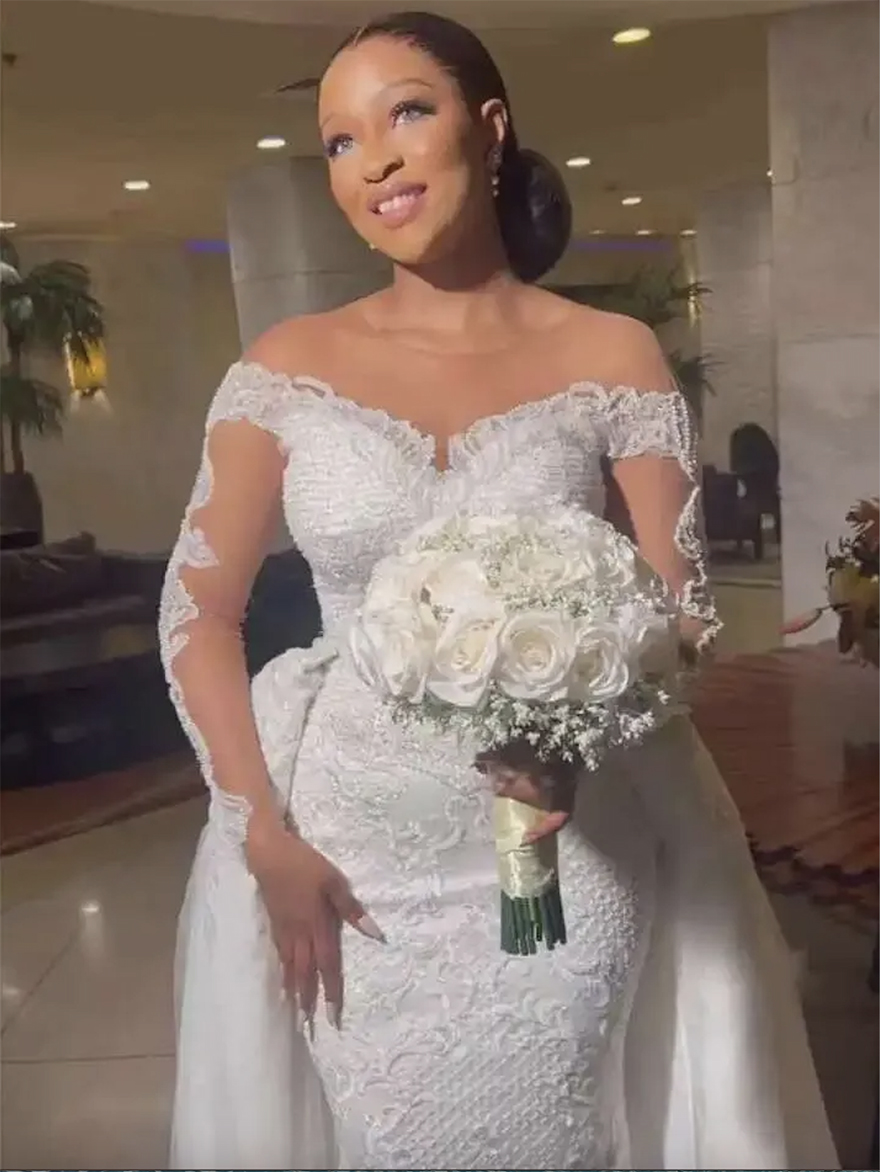Elegant Long Sleeves Lace Mermaid Wedding dresses 2024 Sheer Mesh Top Tulle Applique Beaded bridal gowns vestidos de noiva With Detachable Skirt