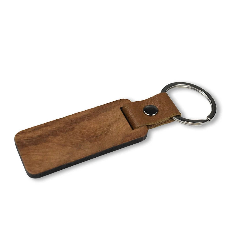 100Pcs Blank Wood Keychains PU Leather Keychain Rectangular Wood Key Chain 240516