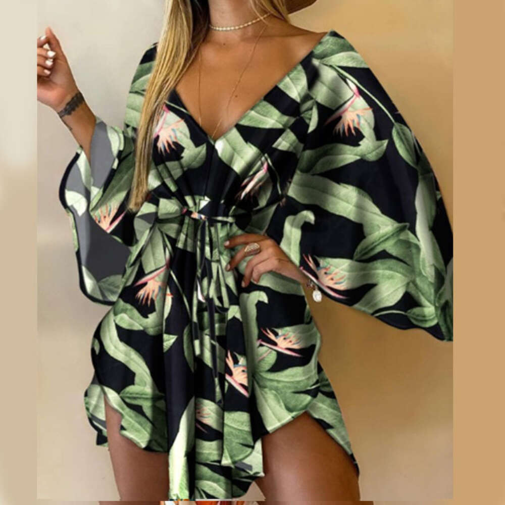 2024 Autumn New Sexy V-Neck Irregular Bat Sleeve Lace Up Dress F52030