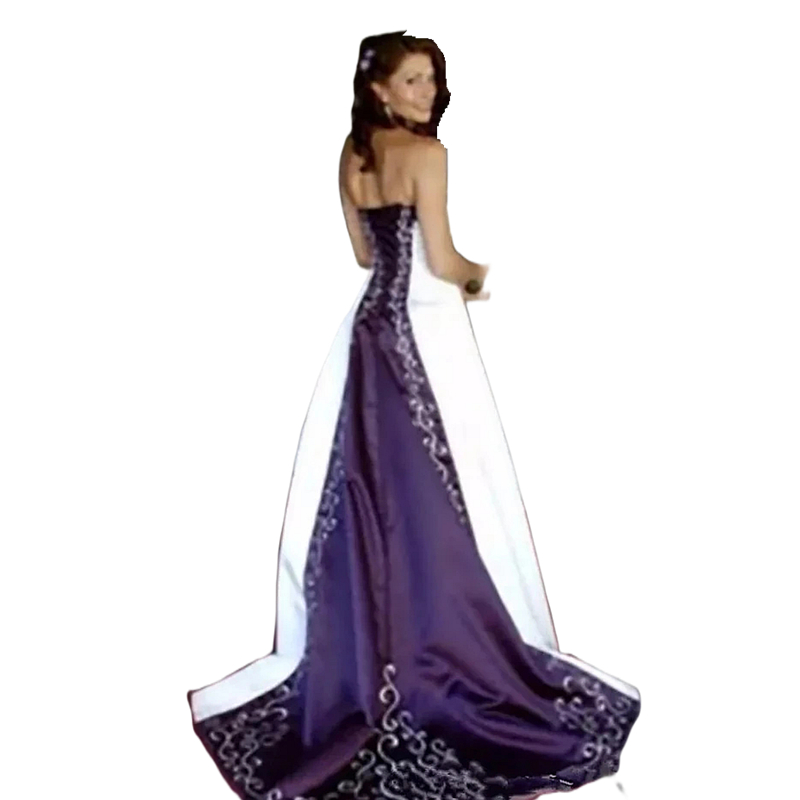 Elegant A Line Country Wedding Dresses White And Purple Embroidery Satin Bridal Gown Strapless Sleeveless Long Vintage Garden Vestido De Novia Lace-Up