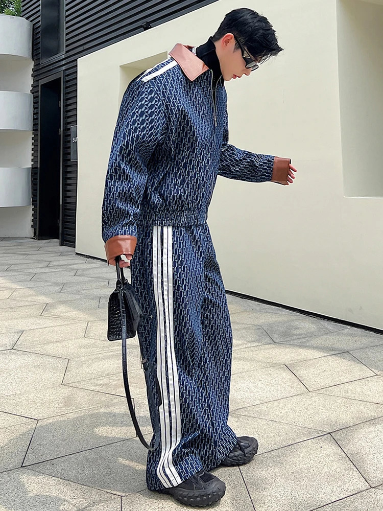 LUZHEN Spring Mens Two Piece Printing Denim Jackets Sets Korean Style Loose Straight Jeans Classic Street Short Coat 94e1e5 240507