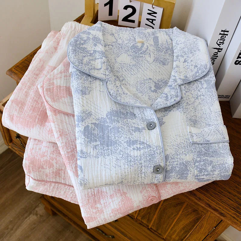 Pure Cotton Womens Pajama AutumnWinter Womens Pajama Set Flower Sea Print Long sleeved pants 2 Piece Homewear 240520