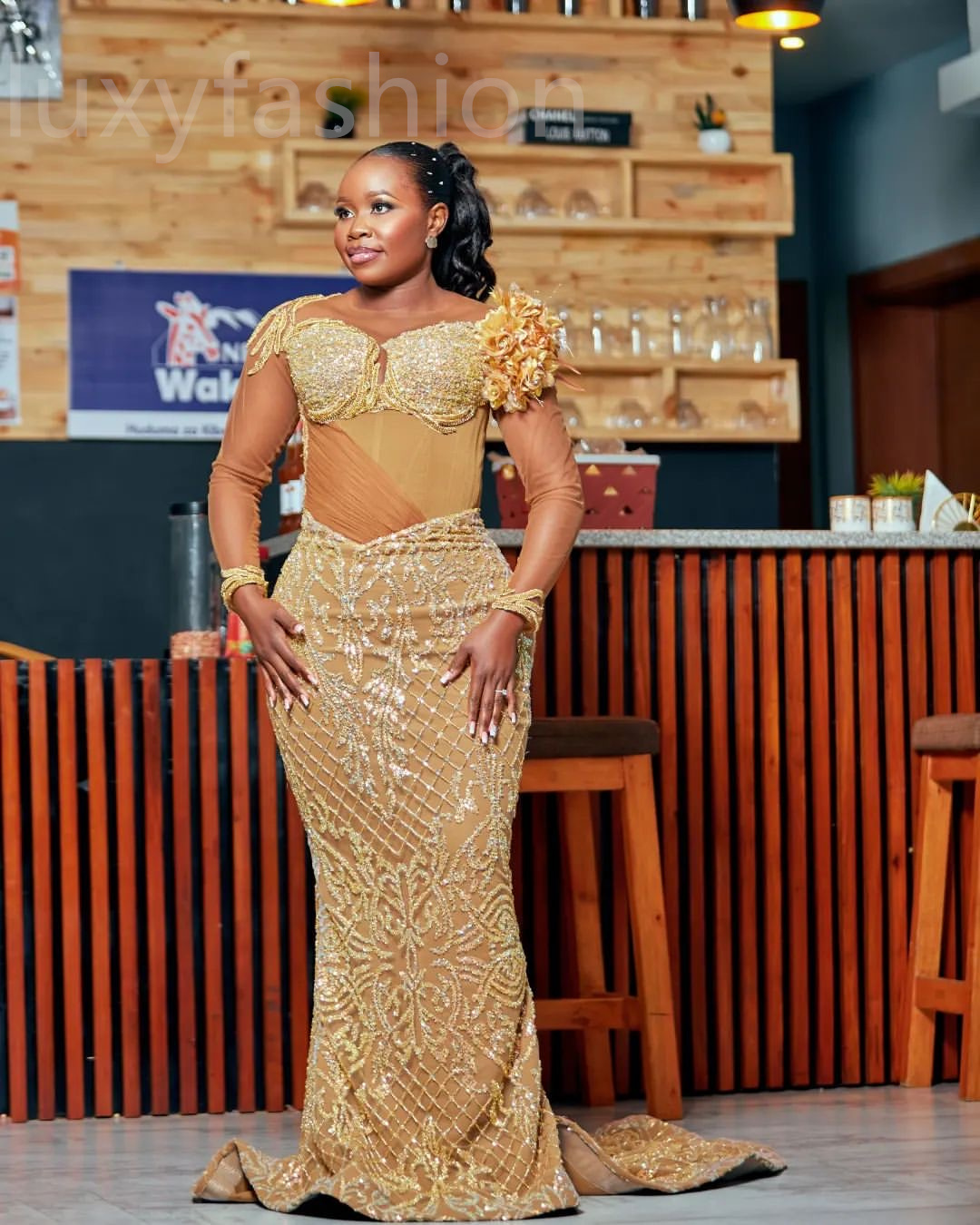 Aso Ebi 2024 Gold Illusion Mermaid Prom Dresses Florals Sequined Evening Party Formal Second Reception Birthday Enagement Thanksgiving Dress Gowns LF0