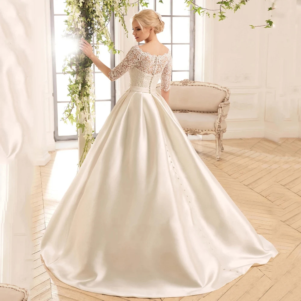 Classic A-line Wedding Dresses 2024 Boat Lace Neck Half Sleeve Belt Pleats Satin Bridal Party Gown Sweep Train Vestidos De Novia Robe De Mariage