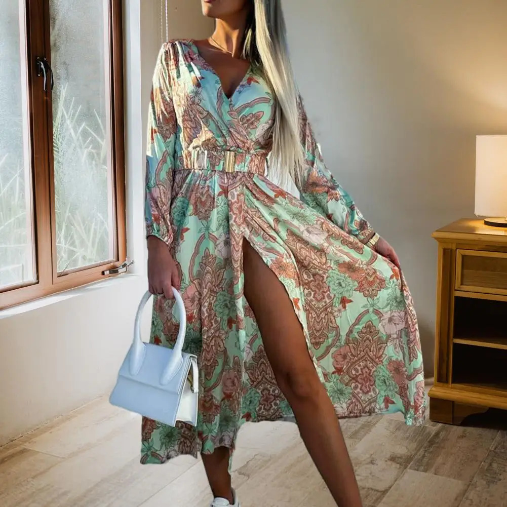 Sexy V Neck Slit Midi Dress Woman Spring Summer Fashion Elegant Long Sleeve Lace Up Flower Floral Print Dresses For Women 240514