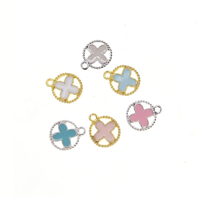 20pcs Cute Small Mix Color Silver /Gold Plated DIY Craft Charms For Kids Enamel Round Four Leaves Clover Shape Pendant Charm For Bracelet /Necklace Ma
