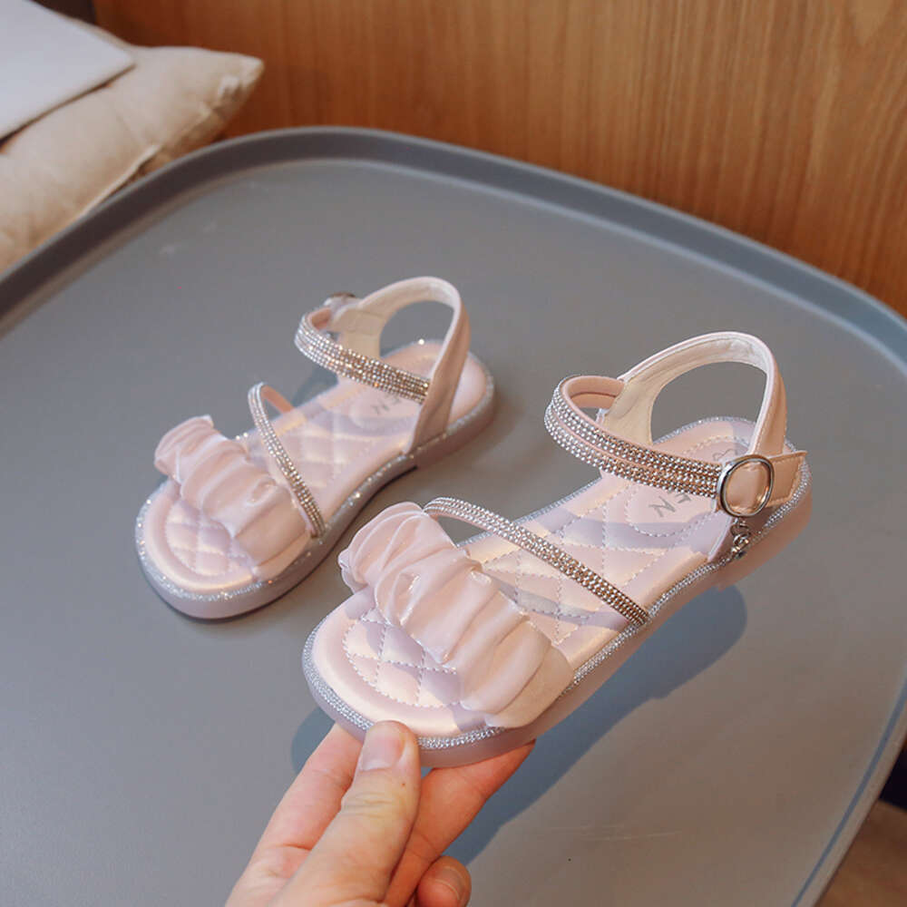 Children Sandals Rhinestones Pleated Chic Princess 2023 New Soft Breatheable Simple Kids Shoes Flat Non-slip Cute Casual R240813