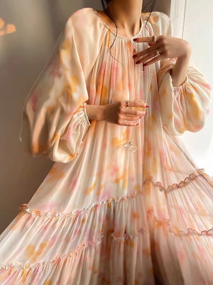 French Chiffon Fragmented Flower Dress 2024 Spring and Autumn New Womens Gentle Style Loose and Slimming Vacation Big Swing Long Dress 230508