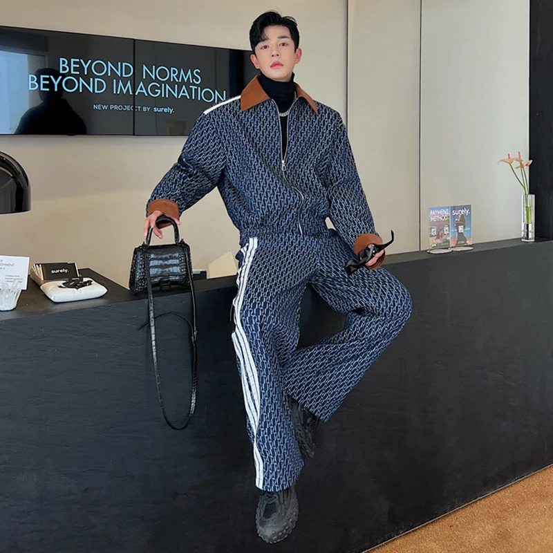 LUZHEN Spring Mens Two Piece Printing Denim Jackets Sets Korean Style Loose Straight Jeans Classic Street Short Coat 94e1e5 240507