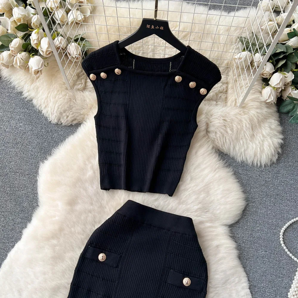 Knitted White Summer Women Solid 2 Piece Bottons Crop Top Tanks Slit Midi Long Skirt Set Bodycon Sexy Party Elegant Outfit 240518