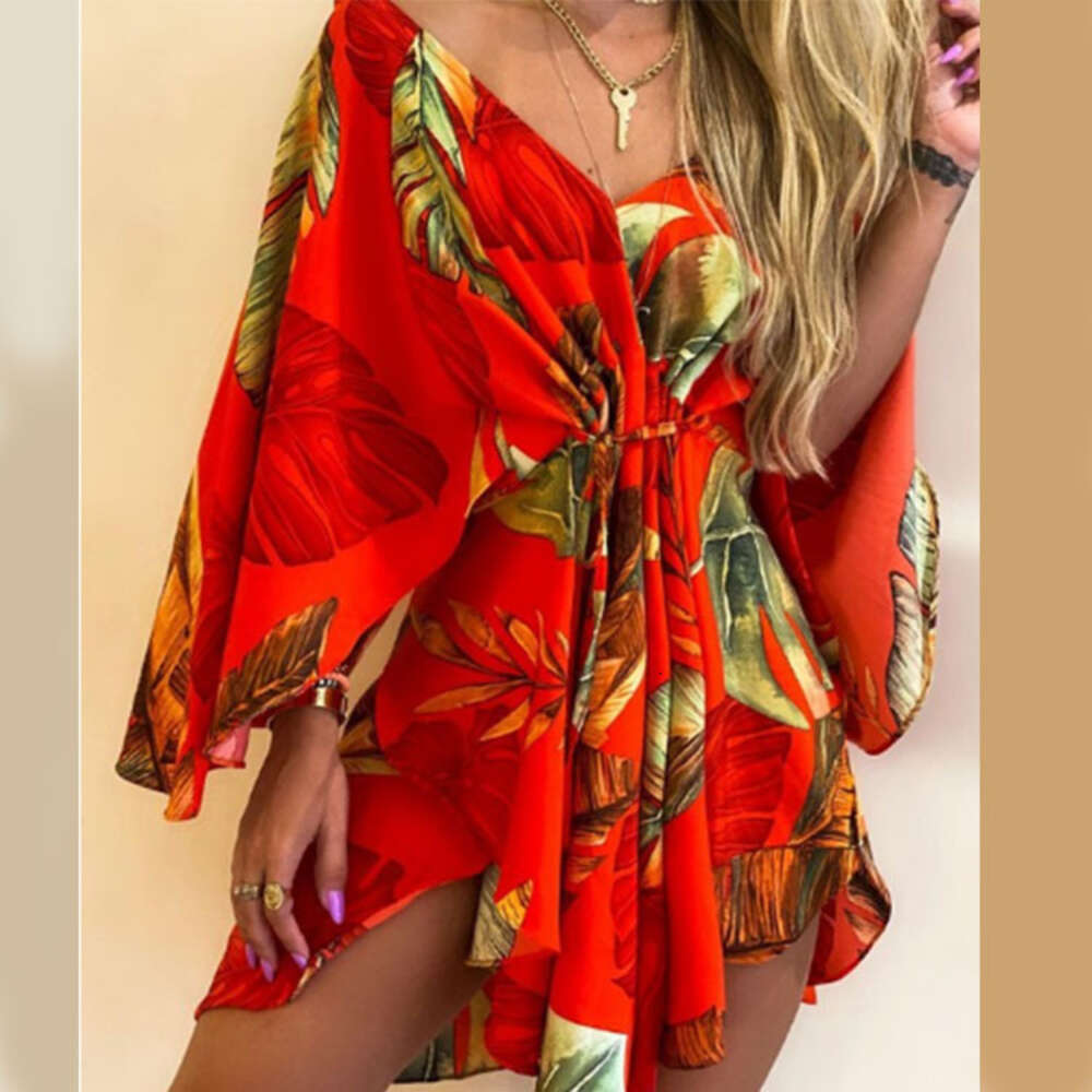 2024 Autumn New Sexy V-Neck Irregular Bat Sleeve Lace Up Dress F52030