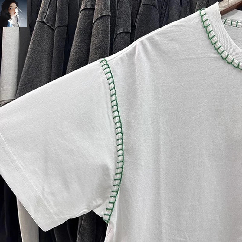 Green Reversed Stitching White Casual Round Neck T-Shirt Men Women High Quality Heavy Fabric Short Sleeve T Shirt Oversize Tops 240518