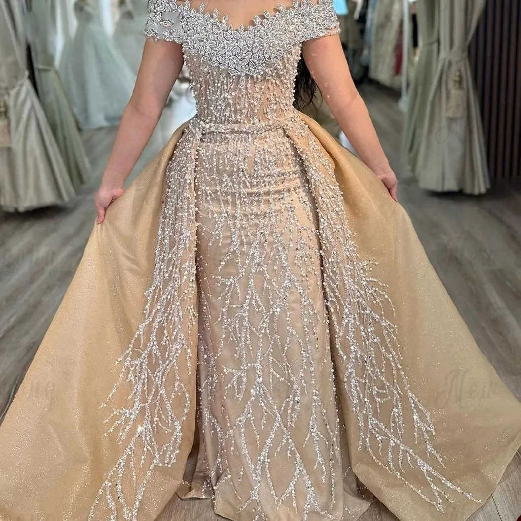 Gorgeous Crystal Pearls Wedding Dresses Off Shoulder Mermaid Bridal Gowns with Detachable Train Custom Made Bride Dress Plus Size