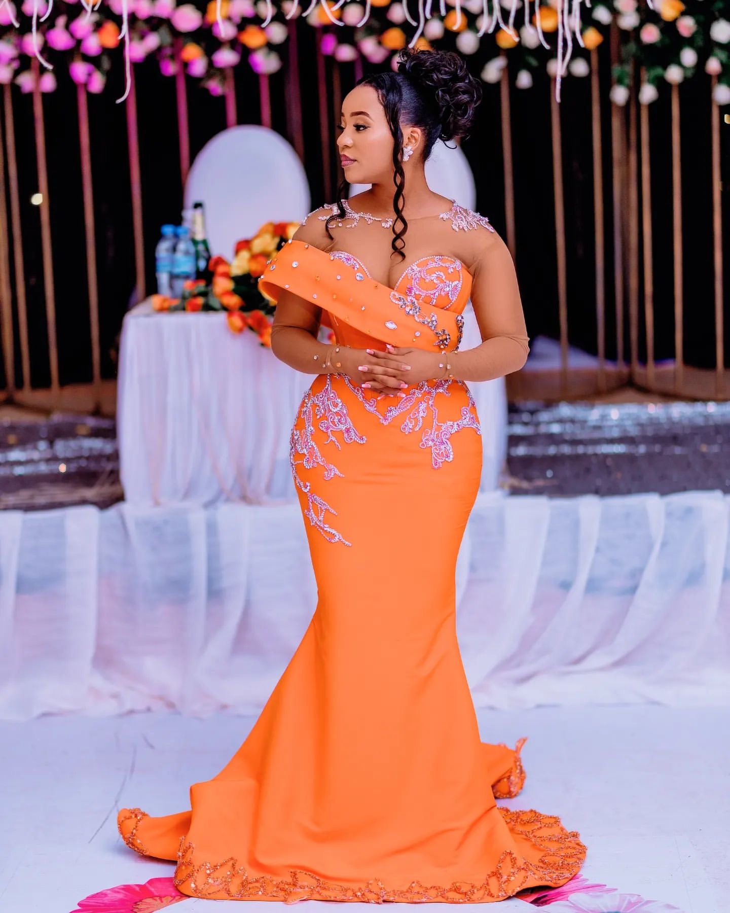 2024 Aso Ebi Orange Mermaid Prom Dresses Lace Beaded Crystals Evening Formal Party Second Reception Birthday Engagement Thanksgiving Dress Gowns ZJW05