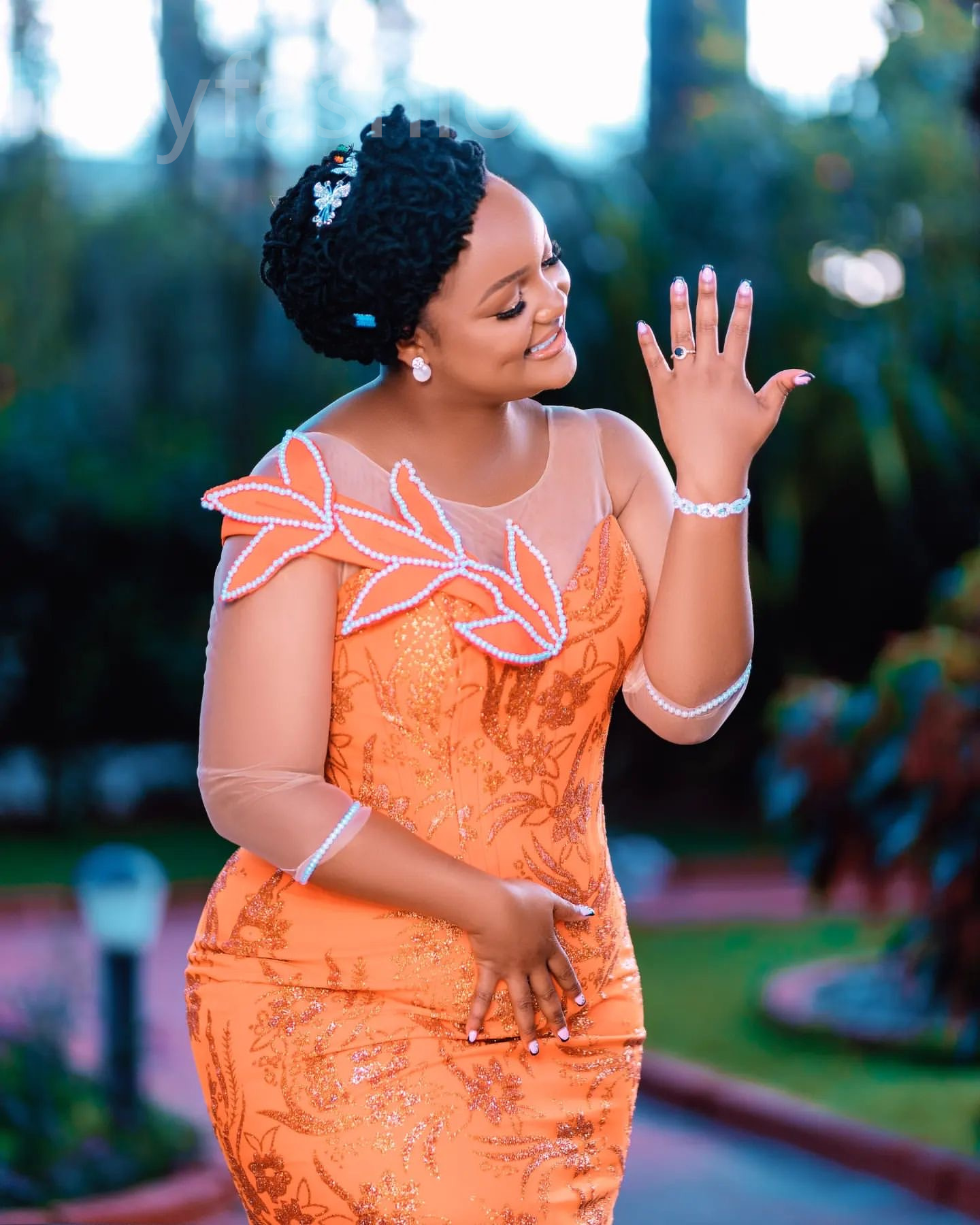Aso Ebi 2024 Orange Florals Mermaid Prom Dresses Sheer Neck Sequined Evening Party Formal Second Reception Birthday Enagement Thanksgiving Dress Gowns
