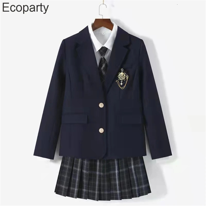 Womens Korean Fashion Jk School Uniform Coat Spring Autumn Black Lapel Long Sleeve Jackets With Badges College Style Costume 2403