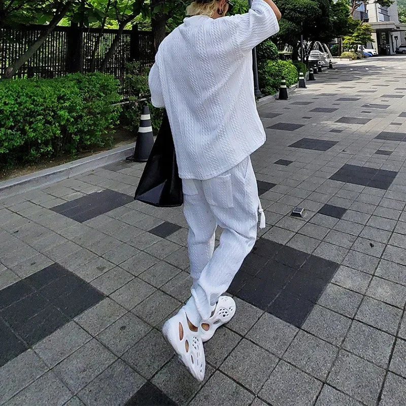 Summer Casual Sweater Set Mens Loose Short Sleeve Knit Tshirt Long Pants Two Piece Male Woolen Suits Ropa Para Hombre 240518