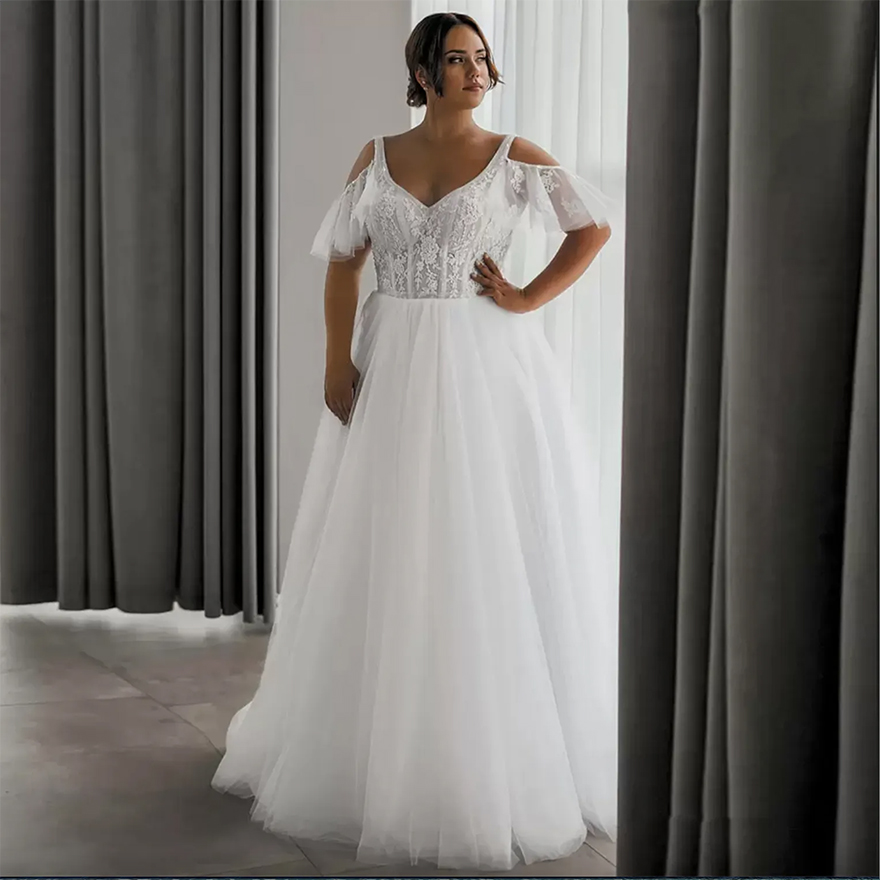 White Plus Size Wedding Dress A Line Sexy V Neck Straps Off The Shoulder Bridal Gowns Corset UP Back Sweep Train Lace Marriage Dresses