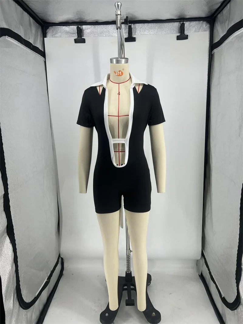 Sexy Backless Romper for Women Short Playsuit Clubwear Party Skinny Outfits Turndown Collar Black Jumpsuit Shorts 240509