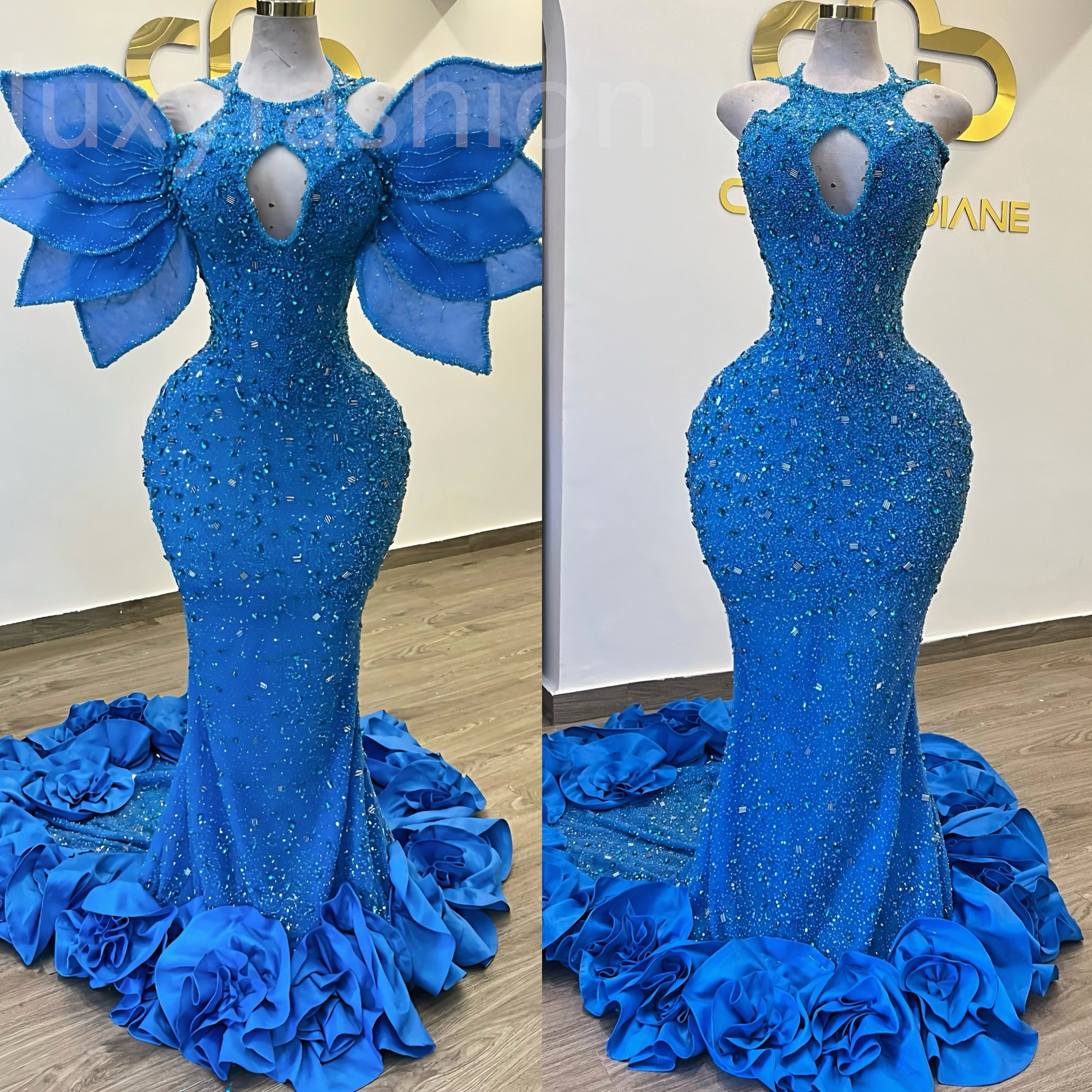 Aso Ebi 2024 Blue Mermaid Prom Dresses Crystals Beaded Sequined Evening Party Formal Second Reception Birthday Enagement Thanksgiving Dress Gowns LF05