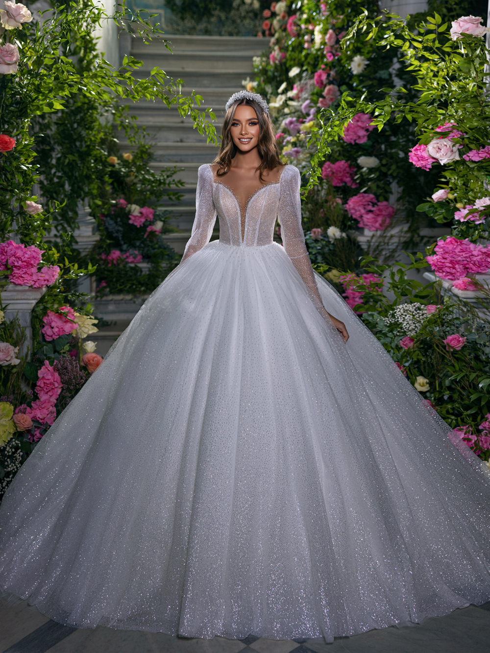 Sparkly Lace Deep V-Neck A-Line Wedding Dress Beading Pearls Full Sleeves princess Bridal Gowns Embroidered With Delicate Bling Tulle