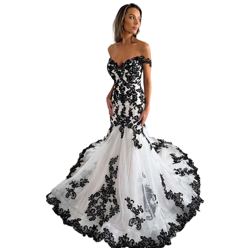 Black And White Mermaid Wedding Dresses Lace Appliques Off The Shoulder Sweetheart Neck Vintage Gothic Bridal Gowns Back Buttons Long Vestido Do Novia