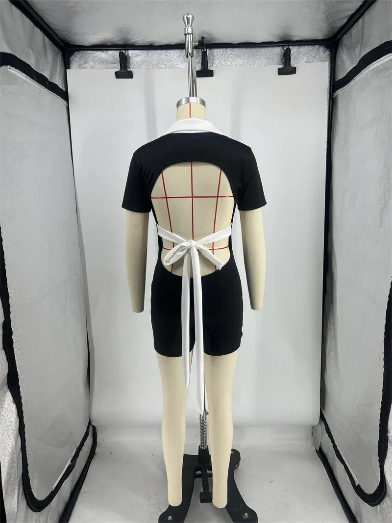 Sexy Backless Romper for Women Short Playsuit Clubwear Party Skinny Outfits Turndown Collar Black Jumpsuit Shorts 240509